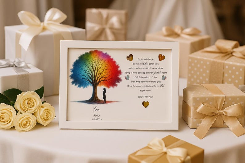 May include: A white framed print with a rainbow tree and a silhouette of a person standing beneath it. The print includes a poem about life and love. The text reads: "It goes without saying, life is not in color, it's in living.  Not every day is easy and good.  Being in love is the key to the joy that joyfully waits.  Get to know your own heart.  Even flowers, the most beautiful things,  Don't stay forever, and so do you.  Let  your heart  open  I  DID  it  my  way"