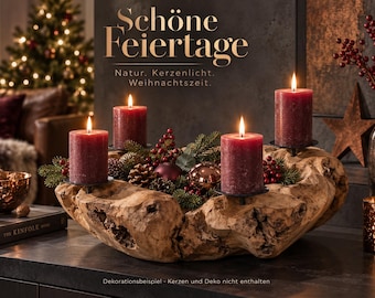 Teak root wood Advent wreath, 30/40/50 cm – distinctive wooden bowl with four black candle holders