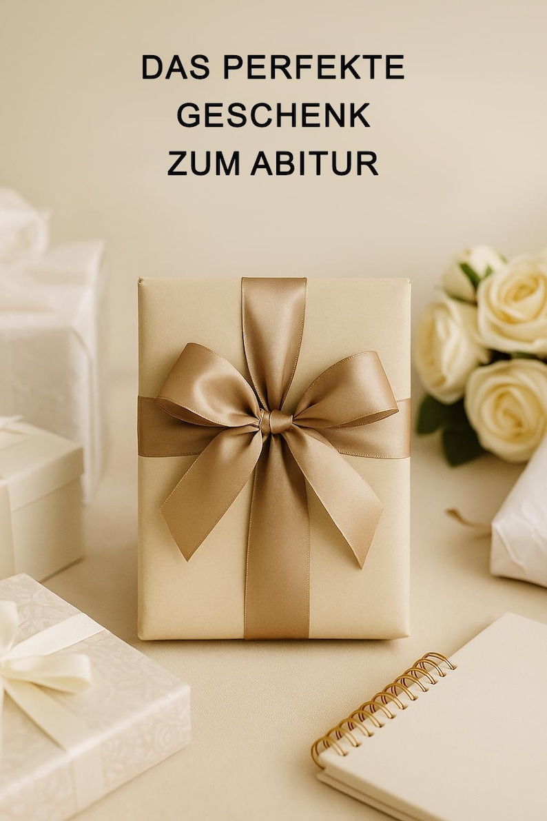 May include: A beige gift box with a large brown satin bow. The box is surrounded by other wrapped gifts and a bouquet of white roses. The text "DAS PERFEKTE GESCHENK ZUM ABITUR" is printed on a white background.