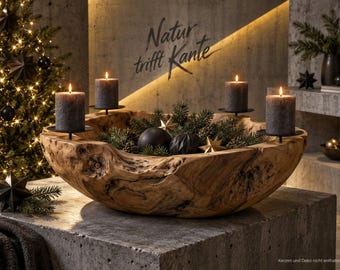 Teak Advent wreath in concrete loft style, four black candle holders, 30/40/50 cm
