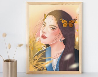 Ilustracja przedstawiająca jesienną dziewczynę z Hmong | Plakat na papierze fotograficznym | Grafika ścienna | Wydruk artystyczny