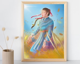 ベトナムのモン族の村の少女のイラストアートプリント