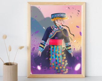 Hmong Girl & Mountains Ilustracja artystyczna Wydruk