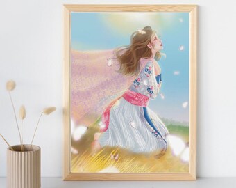 Ilustracja przedstawiająca dziewczynę z Hmong Butterflies | Plakat na papierze fotograficznym | Grafika ścienna | Wydruk artystyczny