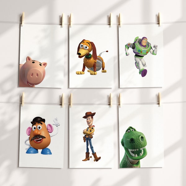 Set von 6 Toy Story Drucke, Toy Story Wanddekor, Toy Story Kunst, Poster, Kinder, Kindergarten, Herunterladen und zu Hause drucken, JPG, Geschenk für Kinder