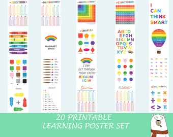 Educational Poster Set For Kids, set of 20, Home School Printables, Addition, Subtraction, Multiplication, Colors, Shapes, Days, Numbers