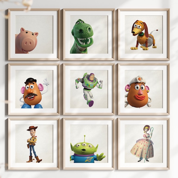 Set von 9 Toy Story Drucke, Toy Story Wanddekor, Toy Story Kunst, Poster, Kinder, Kindergarten, Herunterladen und zu Hause drucken, JPG, Geschenk für Kinder