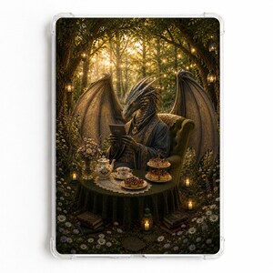 May include: A rectangular tablet case featuring a detailed illustration of a winged dragon sitting in an armchair within a forest setting. The dragon holds a small device while a table with a tea set and tiered food stands sits in front of it.