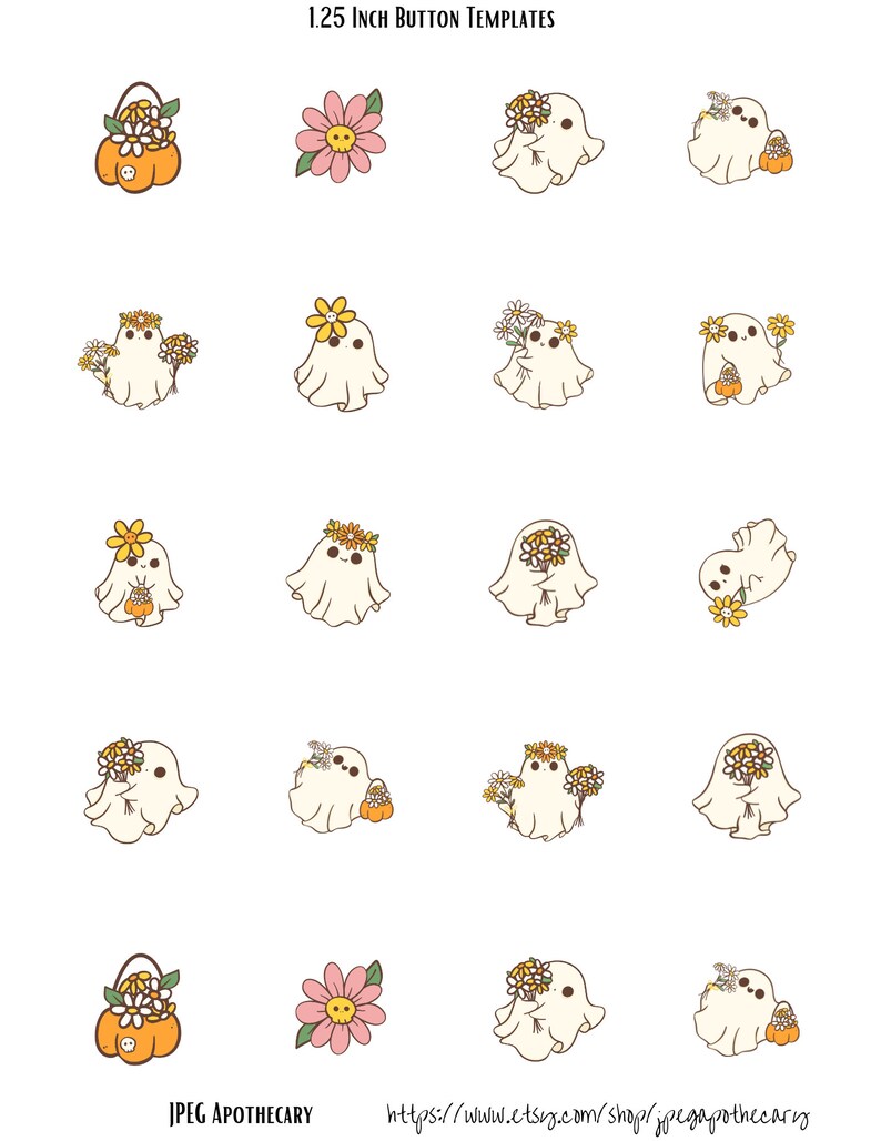 Cute Boho Halloween Ghost 1.25 Inch Pin Back Button Template - Etsy