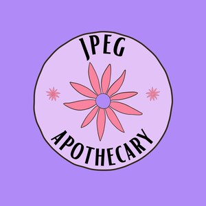 May include: A circular logo with the text "JPEG APOTHECARY" in black, surrounding a pink flower with a purple center. Two small pink flowers flank the main design on a light purple background.