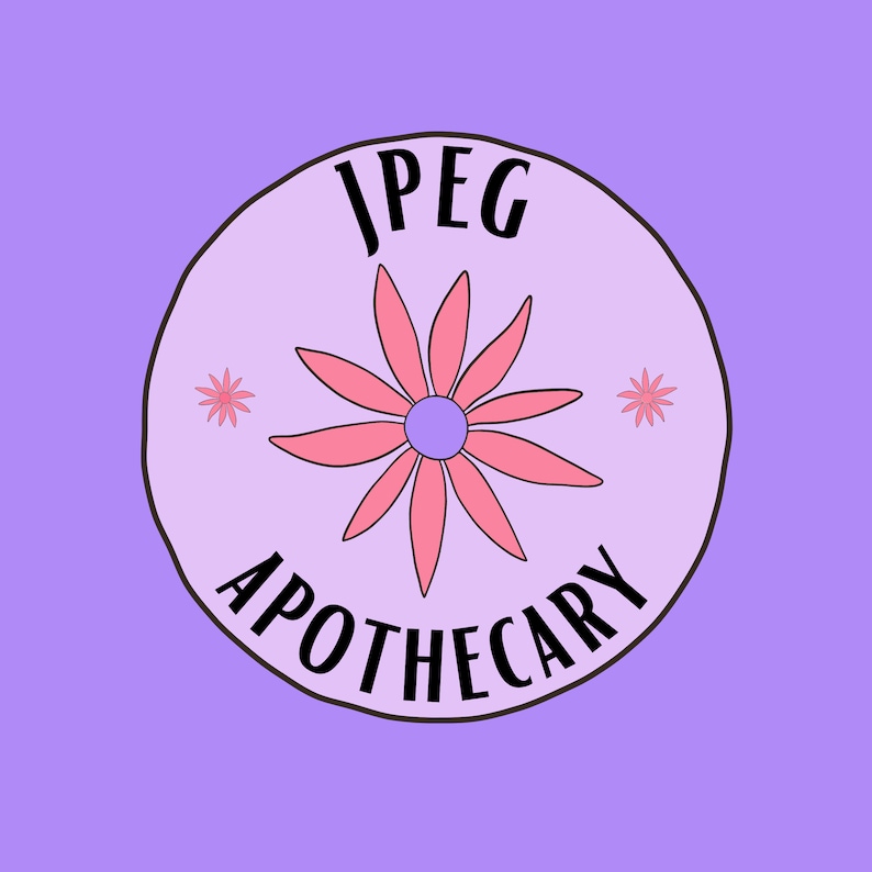 May include: A circular logo with the text "JPEG APOTHECARY" in black, surrounding a pink flower with a purple center. Two small pink flowers flank the main design on a light purple background.