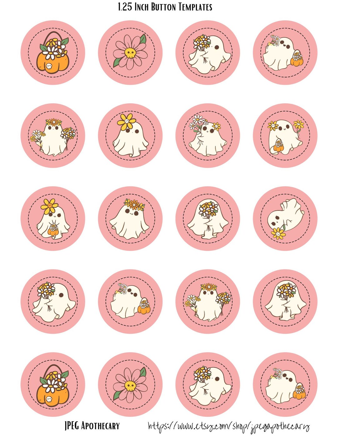 Cute Boho Halloween Ghost 1.25 Inch Pin Back Button Template - Etsy