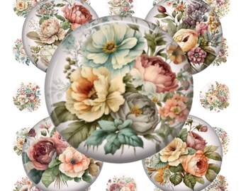 Imágenes de círculos florales de 25 mm para colgantes, descarga digital de estilo shabby chic.