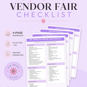 May include: A four-page printable vendor fair checklist workbook in purple and white. The document includes sections for booth display, tools, product inventory, and checkout. Text includes "Printable VENDOR FAIR CHECKLIST" and "PLAN. PREPARE. SUCCEED."