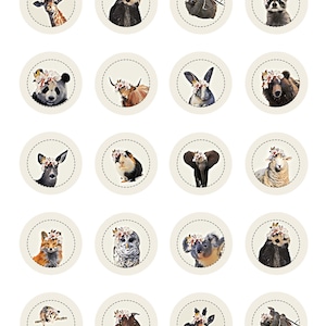 May include: A set of 20 round stickers featuring various animals wearing floral crowns. The animals include a giraffe, panda, sloth, raccoon, highland cow, rabbit, bear, deer, guinea pig, elephant, sheep, fox, owl, koala, and a goat. The stickers are perfect for adding a touch of whimsy to your crafts, gifts, or home decor.