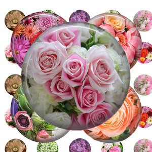 May include: A collection of circular glass cabochons featuring various floral patterns, including a central piece with light pink roses, surrounded by smaller circles displaying dahlias, lilies, lilacs, and orange ranunculus blossoms.
