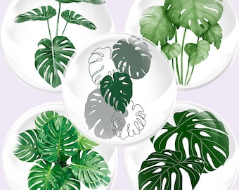 Monstera Collage Sheet, Printable Jewelry Circles, Earring Maker Supply, 16mm Cabochon Download