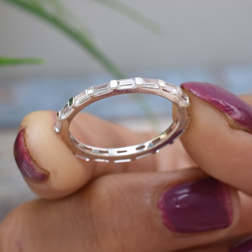 Unique Baguette Cut Moissanite Full Eternity Diamond Wedding Band, Vintage Solid Gold Matching Wedding Band, Antique Stackable shops Band Woman