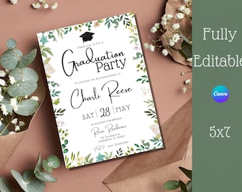 Graduation Invitation 2024, Floral Graduation Party Invitation Template, Editable Greenery Grad Announcement, Celebration Invite