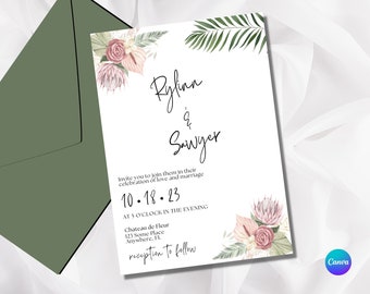 Tropical Boho Hochzeitseinladung Vorlage, florale Hochzeitseinladung, 5 x 7 voll bearbeitbar in Canva, digitaler Download