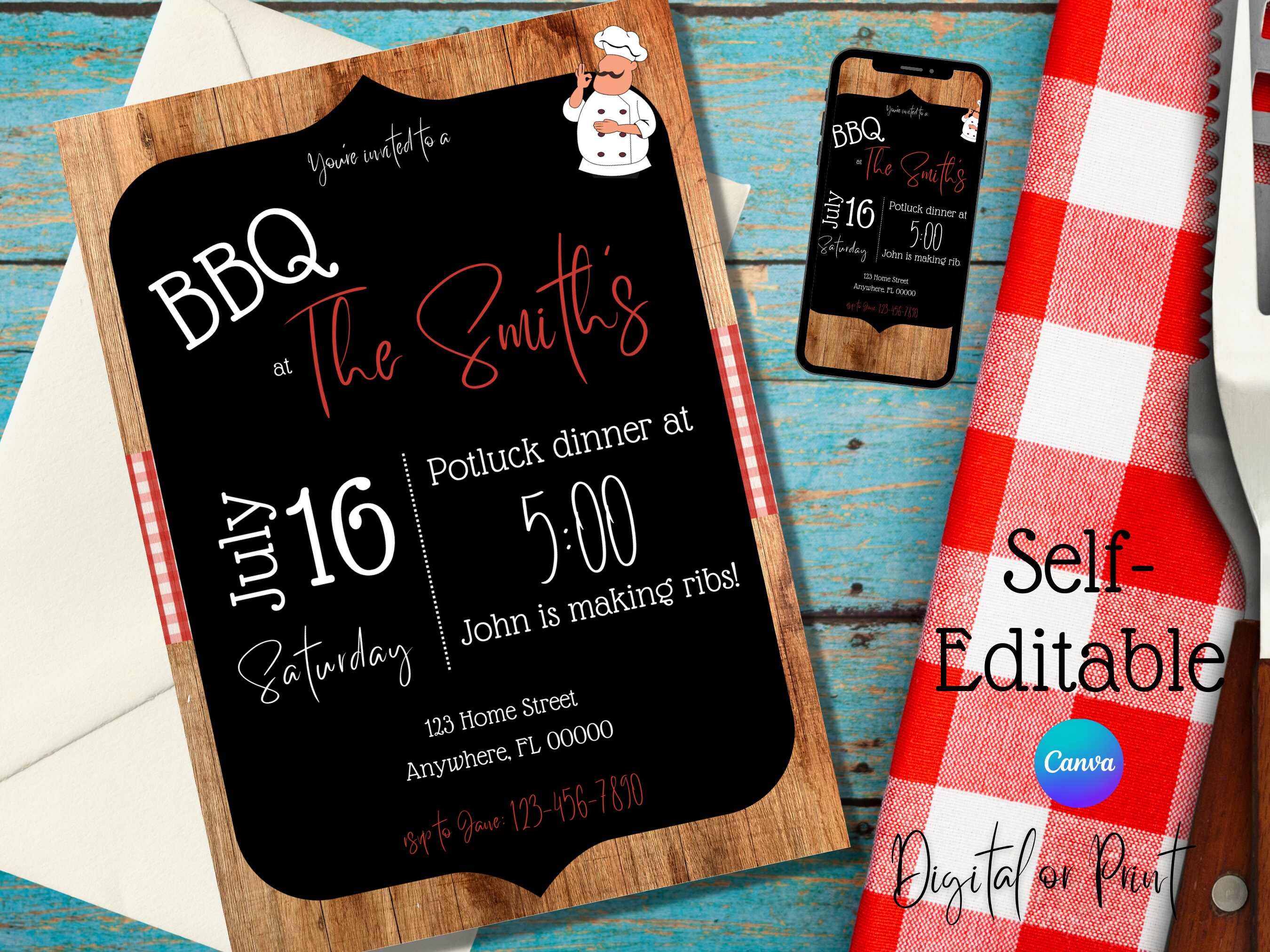 BBQ Invitation Template, Backyard Barbeque Picnic Party, Summer Celebration, Family Reunion, Client Appreciation, Print or Digital Self-Edit