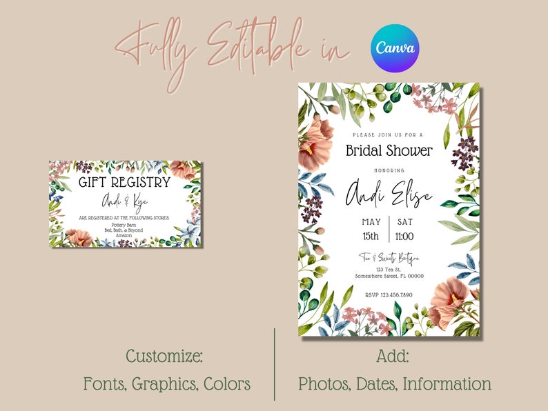 Bridal Shower Invitation, Registry Card Template, Bridal Brunch