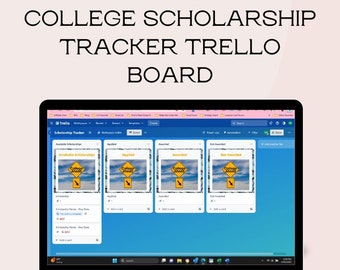 Könnte beinhalten: Ein Laptop-Bildschirm zeigt ein Trello-Board mit dem Titel "Scholarship Tracker". Das Board ist in vier Spalten unterteilt: "Verfügbare Stipendien", "Bewerbungen", "Zugewiesen" und "Nicht zugewiesen". Jede Spalte enthält Karten mit einem gelben Straßenschild, auf dem "College Ahead!" steht, und einem blauen Hintergrund.