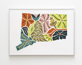 Connecticut Flower Art Print | CT Outline Print | CT Wall Art