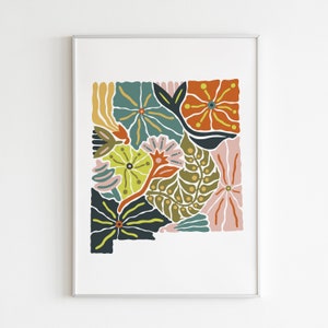 May include: A colorful abstract print featuring a variety of stylized flowers and leaves in shades of green, yellow, orange, red, pink, and blue.