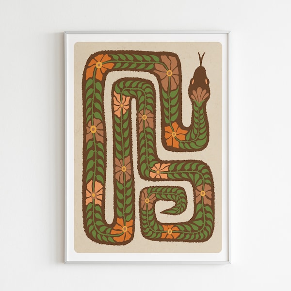 Colorful Snake Art Print. Colorful Snake Artwork. Flower Art Print. Snake Flower Art. Flower and Snake Wall Art.