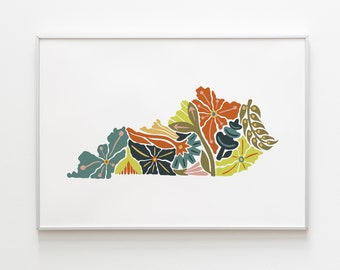 May include: A colorful floral design in the shape of the state of Kentucky. The design features a variety of flowers in shades of red, orange, yellow, green, and blue.