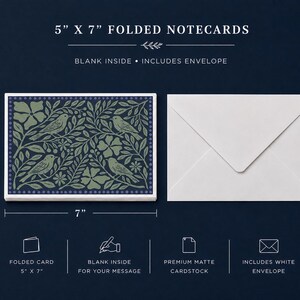 Puede incluir: Una tarjeta plegada de 5 por 7 pulgadas con un fondo azul oscuro y un patr&oacute;n repetitivo de p&aacute;jaros, hojas y flores de color verde claro. La tarjeta est&aacute; en blanco por dentro e incluye un sobre blanco. El texto dice 5 X 7 FOLDED NOTECARDS.