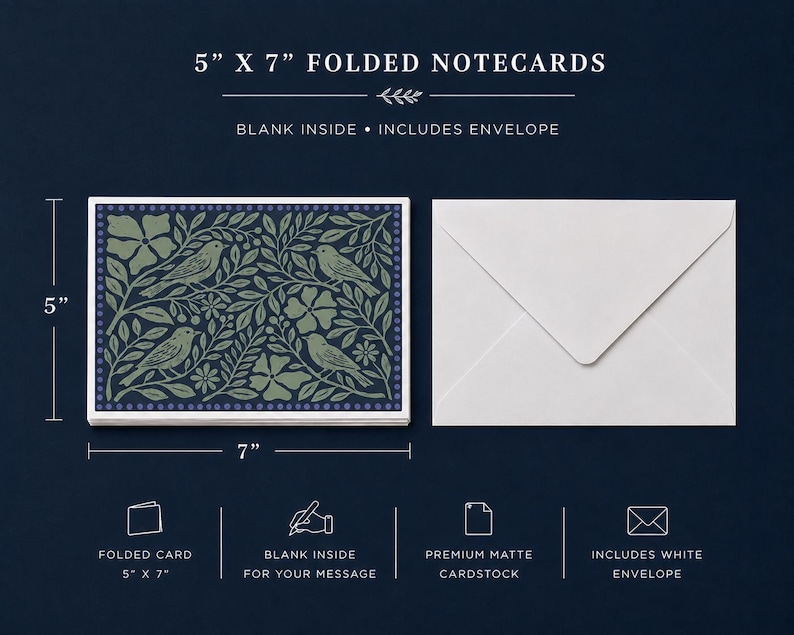 Puede incluir: Una tarjeta plegada de 5 por 7 pulgadas con un fondo azul oscuro y un patr&oacute;n repetitivo de p&aacute;jaros, hojas y flores de color verde claro. La tarjeta est&aacute; en blanco por dentro e incluye un sobre blanco. El texto dice 5 X 7 FOLDED NOTECARDS.