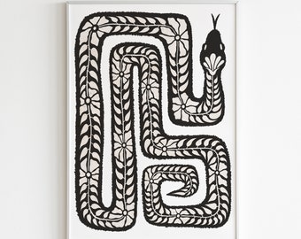 Black and White Snake Art Print. Snake Art. Flower Art Print. Snake Flower Art. Flower and Snake Wall Art.