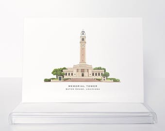 Memorial Tower Watercolor Set of Blank Folded Note Cards | Baton Rouge, LA | 5x7