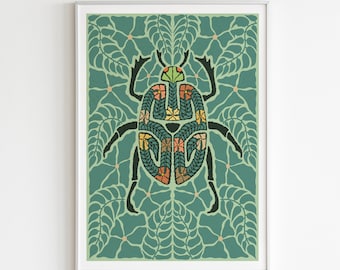 Colorful Beetle Art Print. Colorful Beetle Artwork. Beetle Floral Print. Beetle Flower Art. Flower and Insect Wall Art.