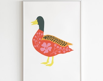 Floral Duck Print. Duck Art. Flower Art Print. Duck Flower Wall Art