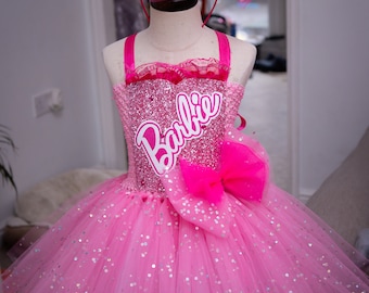 BARBIE GIRL hot pink/party themed/ Big bow party and sparkly tutu dress with matching headband