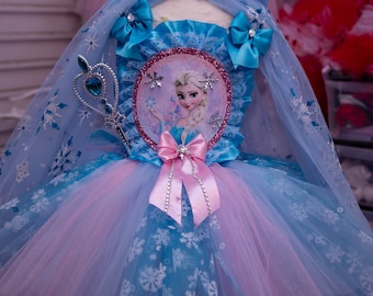 ROSE PRINCESS ELSA/robe tutu de luxe la reine des neiges avec diadème/ baguette/cape - France