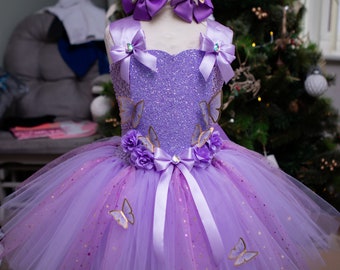 PRINCESS/LILAC butterfly themed tutu dress with matching hair clip bows