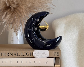Navy Blue Crescent Moon Star Gold Hanging Wax Melt Burner | Witchy Celestial Home Decor