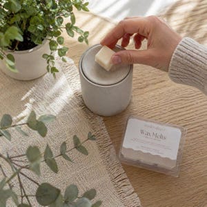 May include: A hand places a square wax melt onto a grey ceramic wax warmer. The warmer is cylindrical with a matching lid. A clear plastic container of wax melts is visible, with the text "studio akiyo Wax Melts". A small potted plant is in the background.