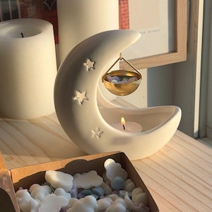White Crescent Moon Star Gold Hanging Wax Melt Burner | Aesthetic Spring Witch Celestial Home Decor