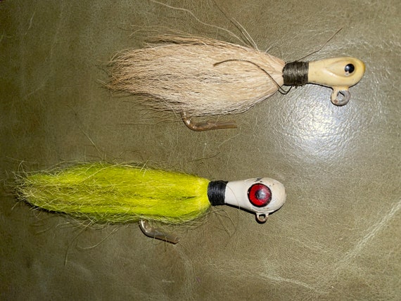 Two Vintage Hand Painted Painted Lead Bucktail Jig Fishing Lures