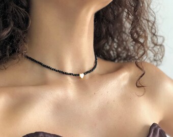 Coração banhado a ouro 24K com colar ajustável de contas de cristal preto de 3 mm para mulheres