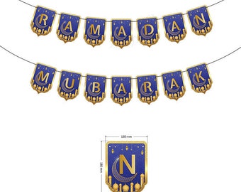May include: A blue and gold Ramadan Mubarak banner with individual flags featuring the letters of the phrase "Ramadan Mubarak". Each flag is 130 mm wide and 150 mm tall.