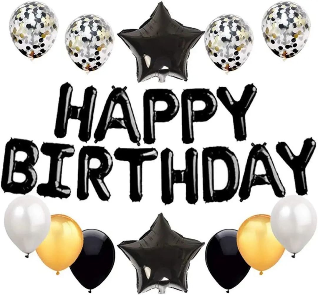 Black Happy Birthday Balloons
 Black Happy Birthday Balloon Banner With Foil Balloons Confetti