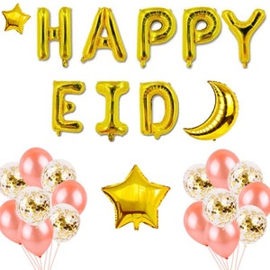 Happy Eid Mubarak latex ballon set (Golden- Gold glitter balloons, rose gold balloons) Ramadan Balloons/Eid Party decorations