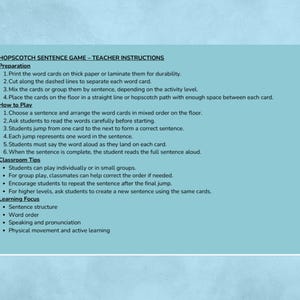 May include: A teal-colored card with the title "HOPSCOTCH SENTENCE GAME - TEACHER INSTRUCTIONS" and instructions for a sentence-building game. The text details preparation, how to play, classroom tips, and learning focus areas like sentence structure and word order.