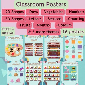 Pósteres educativos para preescolar, primaria, primaria, regreso a clases, decoración de aulas, números, alfabeto, formas, inglés como segundo idioma